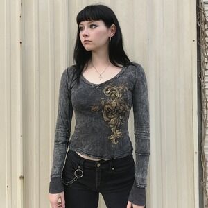 Vintage Y2K Top Womens Large Gray Fleur de Lis Rhinestone‎ Tattoo Mineral Wash